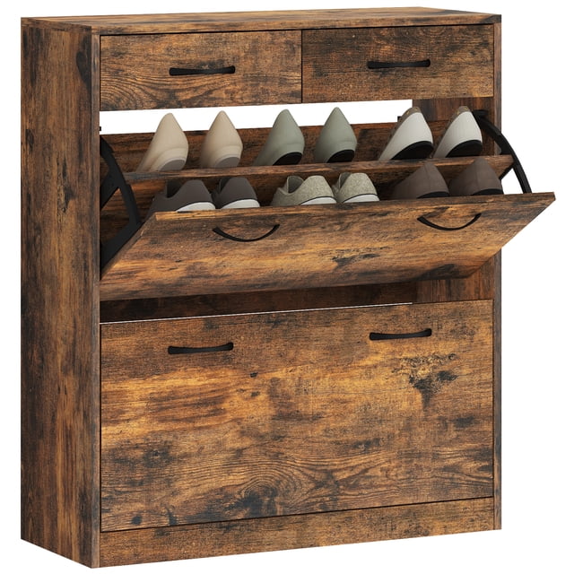 HOMCOM Armoire d'Entrée avec 2 Tiroirs Basculants pour 12 Paires de Chaussures, Fini Brun Rustique. l'Armoire Comprend Deux Tiroirs Basculants avec Tablettes Ajustables pour Ranger jusqu'à 12 Paires de Chaussures, Deux Tiroirs Coulissants pour Rangement Supplémentaire et un Comptoir pour Exposer la Déco. Fabriquée en Panneau de Particules avec Revêtement en Mélamine pour un Nettoyage Facile, Elle a un design Anti-Basculement pour la Sécurité. dimensions Compactes de 31,5 Pouces de Large, 11,8 Pouces de Profondeur et 36 Pouces de Hauteur, la Rend Idéale pour