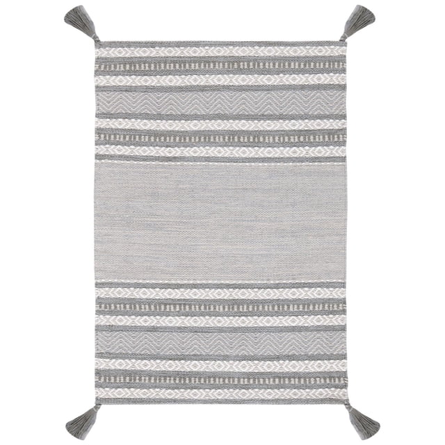 Safavieh Montauk Jobeth Tapis d'Aire à Rayures Doux Tressé en Coton à Tissage Plat avec Rayures Horizontales Grises et Blanches, Motifs Géométriques et en zigzag, Pompons à Chaque Coin, Convient aux Coureurs de Couloir et aux Intérieurs Côtiers à Contemporains.