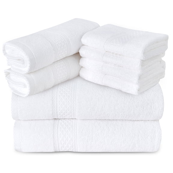 Gogreen 100% Cotton Bath Towel Sets of 8 Pieces, 2 Bath Towels 2 Hand Towels 4 Washcloths, Highly Absorbent Towels for Bathroom, Gym, Hotel (White)