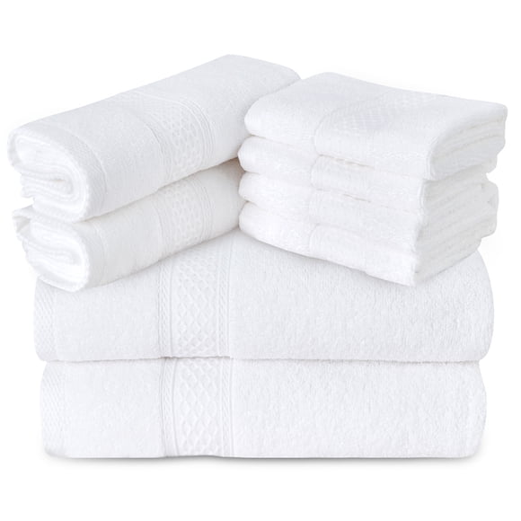 Gogreen 100% Cotton Bath Towel Sets of 8 Pieces, 2 Bath Towels 2 Hand Towels 4 Washcloths, Highly Absorbent Towels for Bathroom, Gym, Hotel (White)
