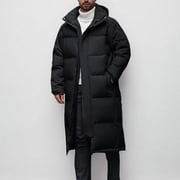 Maqroz Winter Long Quilted Jackets for Men Full Zip Hooded Jacket with Pockets Casual Loose Fitting Coat Fashion Solid Color Thermal Coats Daily Keep Warm Clothing