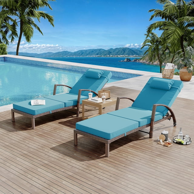 Gaderth Set of 2 Patio Chaise Lounge Chairs, Rattan Folding Outdoor Recliners with 5-Position Backrest, Cushions, Pillows and Wheels for Poolside, Deck, Porch, Backyard