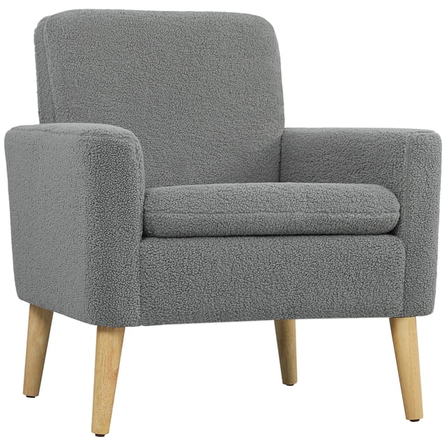 HOMCOM Fauteuil d'Appoint Teddy Rembourré Fauteuil Moderne avec Pattes en Bois en Gris. la Chaise Présente un Tissu en Molleton Teddy Douillet, un Siège Grand Rembourré et des Pattes en Bois de Caoutchouc Massif. Conçue pour les Salons, les Chambres Ou les Aires de Réception, Elle Offre un design compact avec des Patins de Protection pour Prévenir les Égratignures du Plancher.
