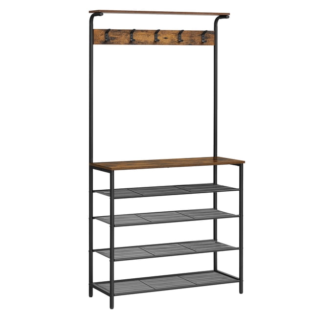 VASAGLE Coat Rack, Hall Tree with Shoe Storage, 5-Tier Shoe Rack Different Heights, 5 Dual Hooks, Rustic