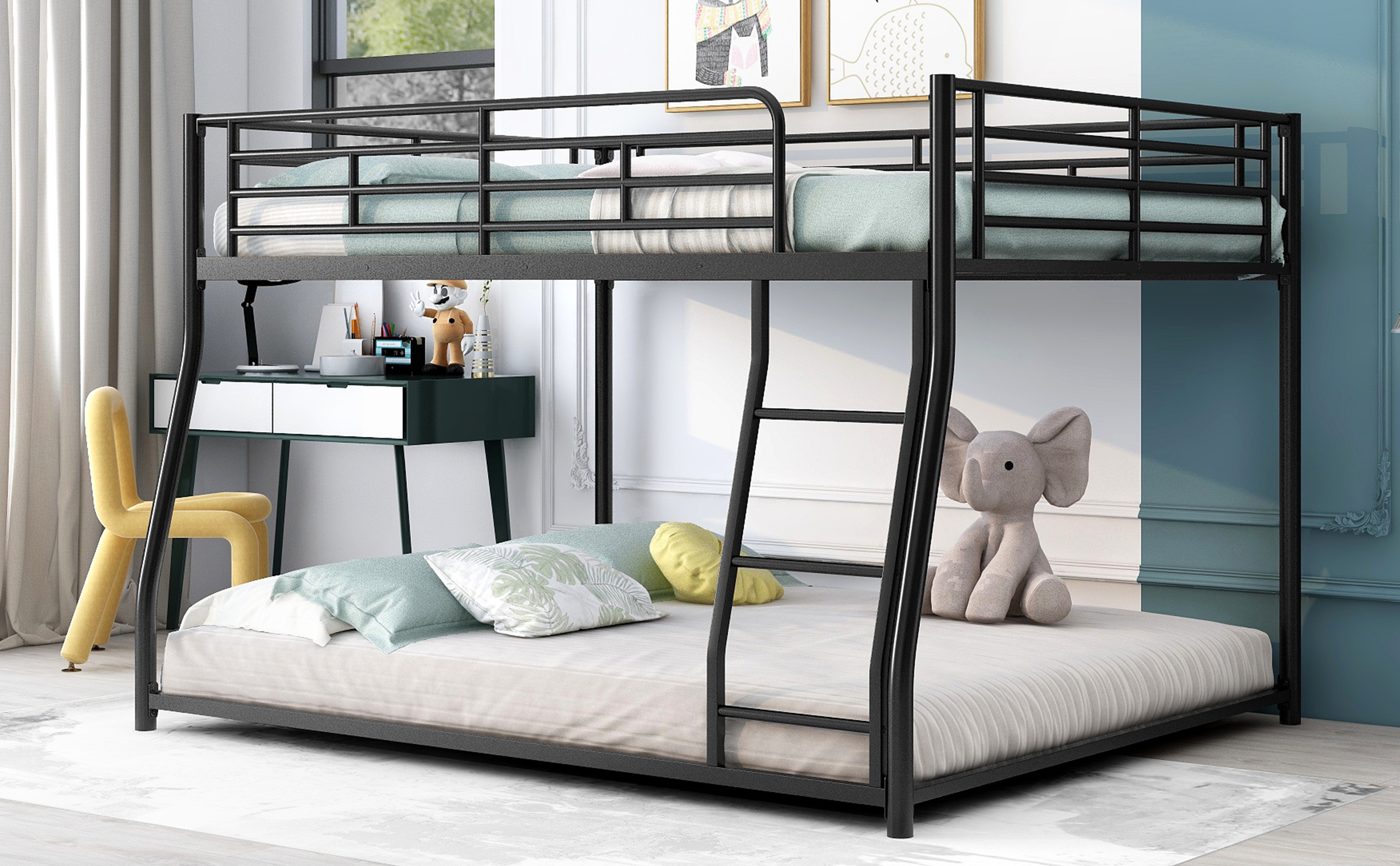 Noble House Full XL Over Queen Metal Bunk Bed,Black Industrial Frame with Guardrails & Slats,Black