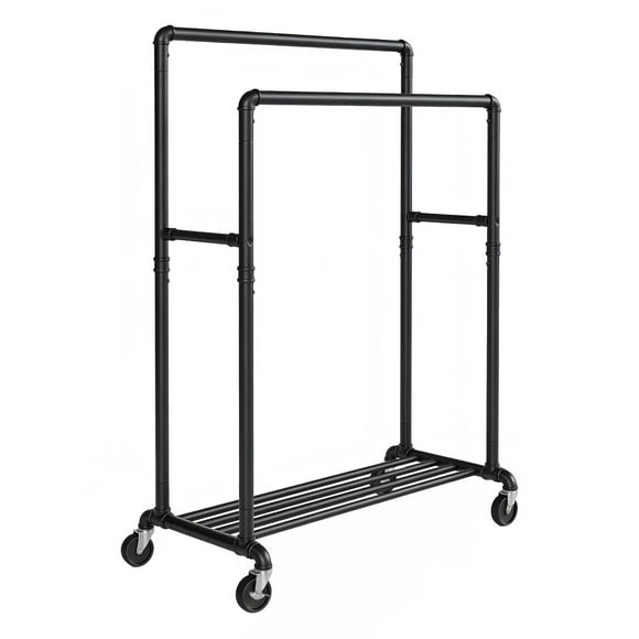 SONGMICS Clothes Rail on Wheels, Clothes Rack for Bedroom, Heavy-Duty Clothing Rail with 2 Hanging Rails and Shelf, 2 Casters with Brakes, Black