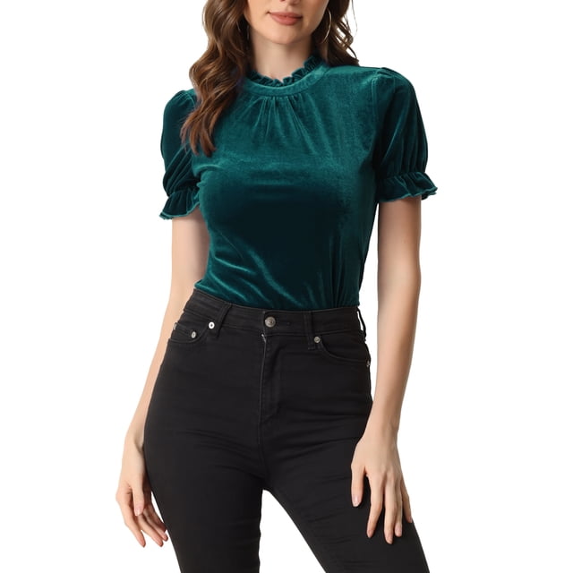 INSPIRE CHIC Chemise à Col à Volants pour Femmes, Manches Courtes, Hauts en Velours, Blouse m Bleu Vert