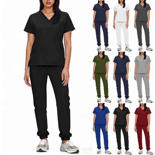 RKSTN Scrubs for Women Set Hospital Scrub 2 Piece Solid Color V Neck Short Sleeve Scrubs Top with Pockets Elasticated Drawstring Pocketed Cuffed Pants Doctor Nurse Comfort Workwear