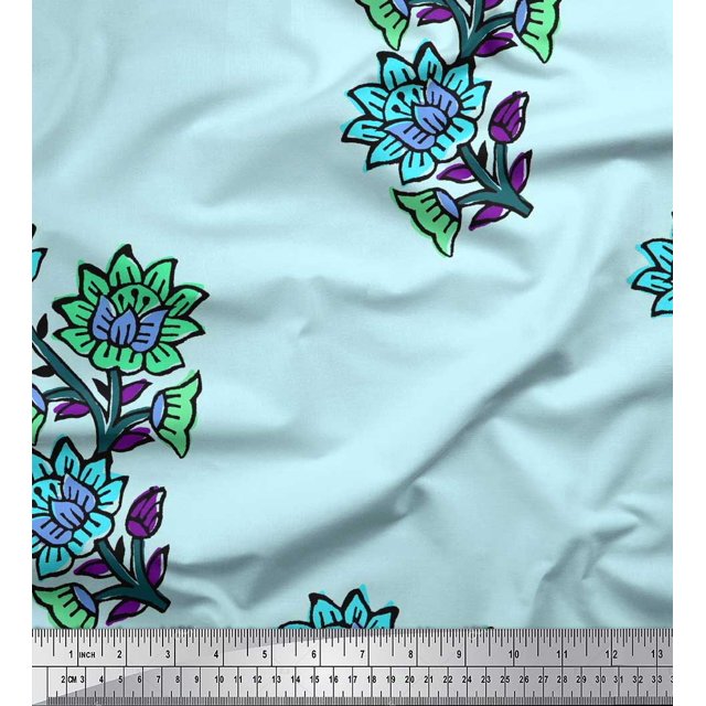 Soimoi Rayon Crepe Fabric Leaves & Floral Block Decor Fabric Printed Yard 46 Inch Wide
