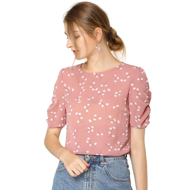 INSPIRE CHIC Haut Floral Élégant pour Femme à Manches Courtes Froncées, Coupe Régulière