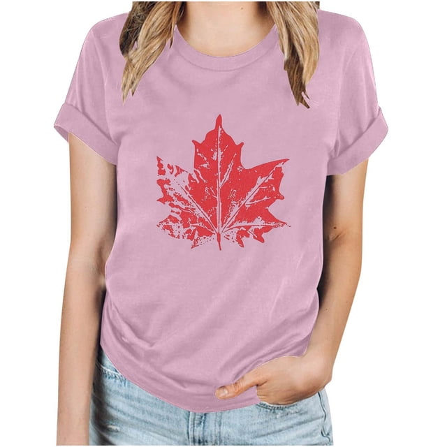 TopLLC Tenues du 4 Juillet pour Femmes Hauts d'Été pour Femmes, Hauts d'Été pour Femmes T-Shirt Basique à Manches Courtes Décontracté pour Femmes Imprimé Feuille d'Érable Fête du Canada Col Rond T-Shirt