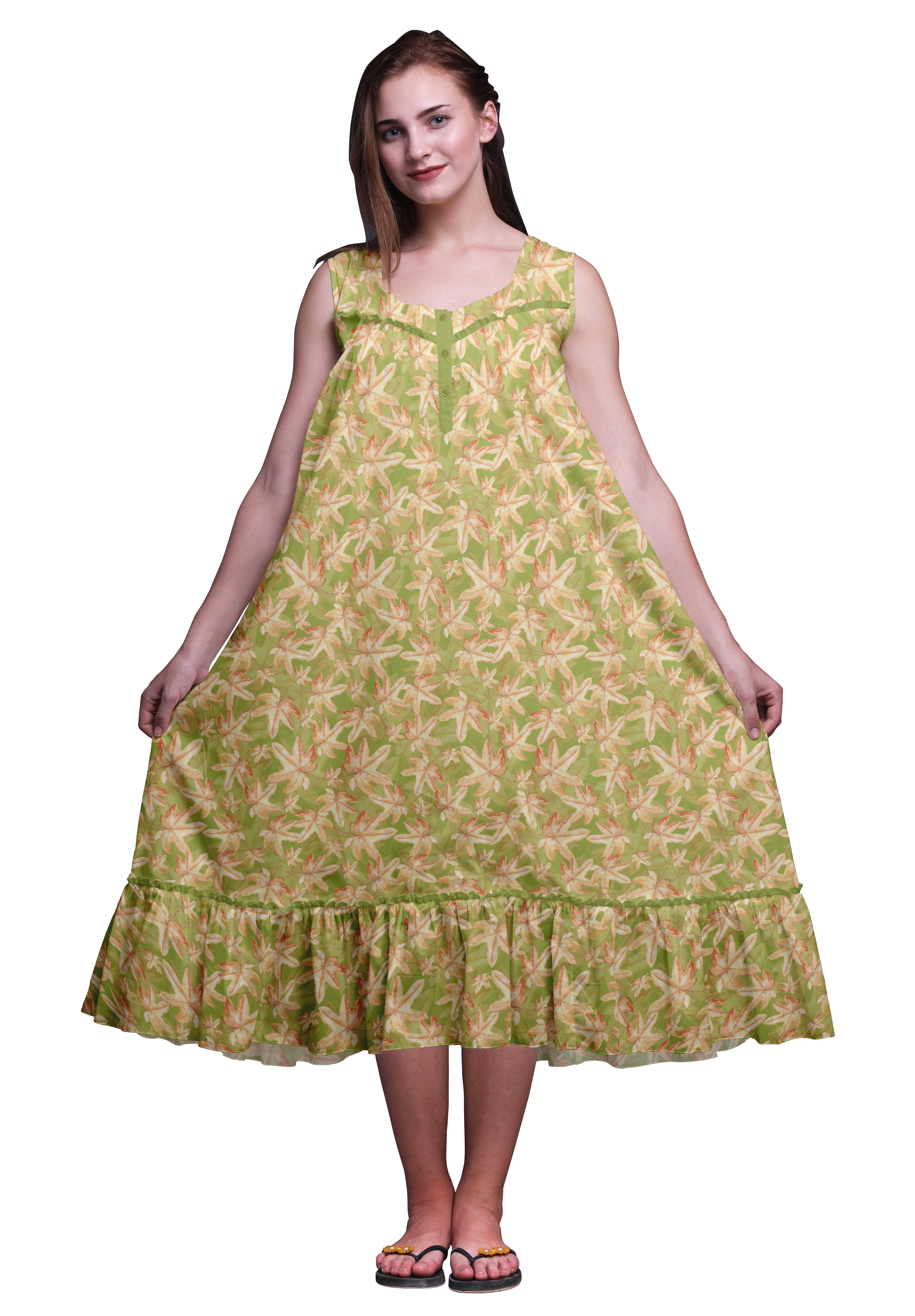 Bimba Robe de Nuit Sans Manches d'Automne à Feuilles Vert Olive pour Femmes, Coton Imprimé, Vêtement de Nuit pour Dames, Vêtement de Sommeil XXX-Large