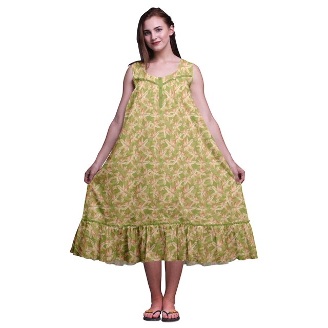 Bimba Robe de Nuit Sans Manches d'Automne à Feuilles Vert Olive pour Femmes, Coton Imprimé, Vêtement de Nuit pour Dames, Vêtement de Sommeil XXX-Large