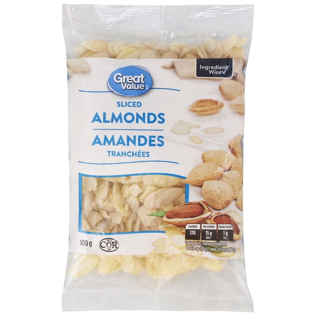 Great Value Amandes Tranchées dans un Sac en Plastique Transparent de 100 g avec Étiquette Bleue et Blanche, Montrant des Amandes Finement Tranchées à l'Intérieur, Idéales comme Garniture de Noix pour la Pâtisserie Ou une Collation Pratique, avec Symbole d'Ingrédients Sages et Faits Nutritifs.