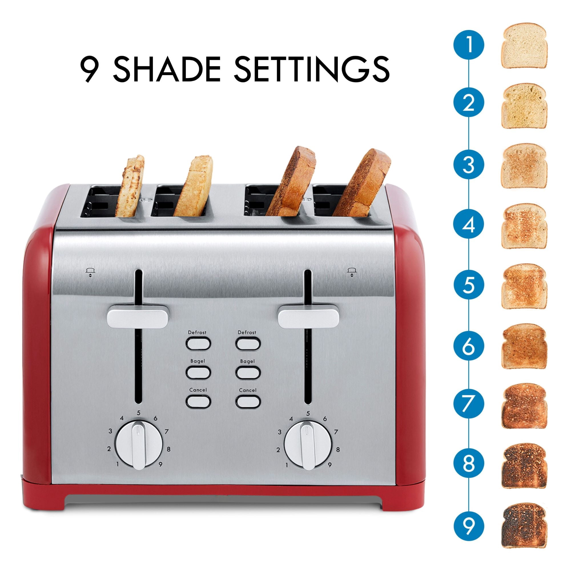 Kenmore Grille-pain 4 tranches en acier inoxydable, commandes doubles, fentes extra larges, 9 niveaux de brunissage, pour muffins anglais et plus