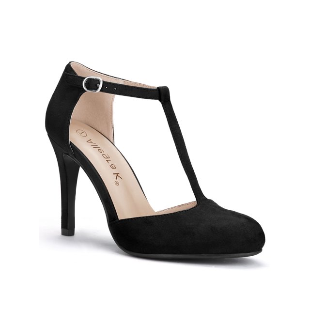 BLISSFUL STEP Chaussures pour Femmes Bout Rond Talon Aiguille Sandales à Bride en T Noir 9