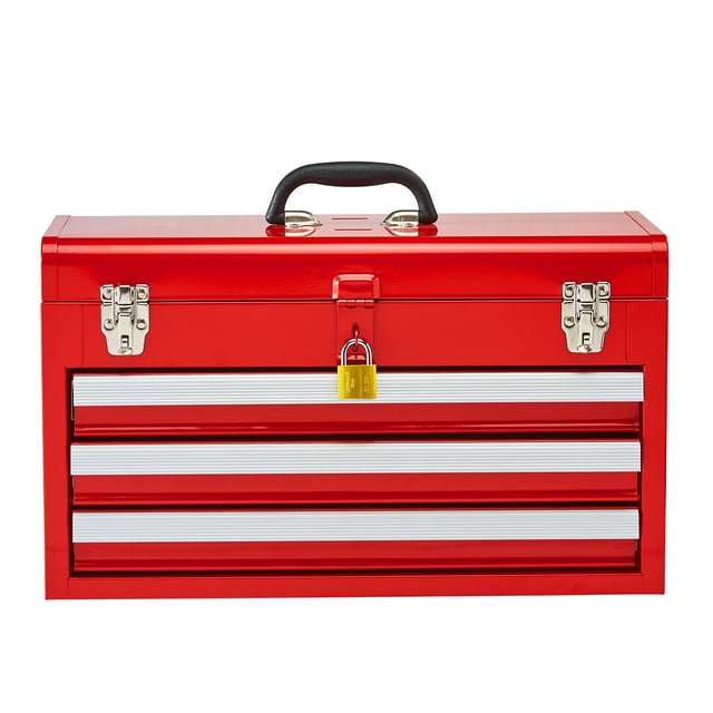 KFFKFF Metal Tool Box, 20.5-inch, Portable Metal Tool Box with 3 Drawers, Small Tool Chest with EVA Liners