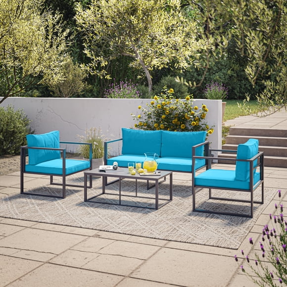 Ensemble de mobilier de patio CorLiving Delia 4 pièces avec structure en acier antirouille, comprenant chaises, causeuse avec coussins et table basse, noir/turquoise