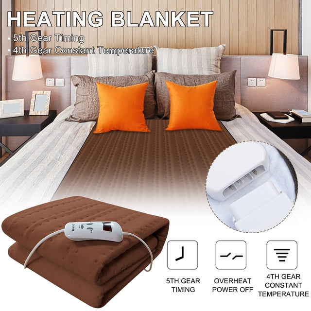 Up to 65% off Heated Mattress Pad Single Control with easy set and fast heating technology, detachable electric heating bed topper shown in a bedroom setting. The pad features a brown quilted design, single controller with 4 heat settings and 5 timing modes for customizable comfort. Made of soft polyester fiber, it fits snugly on mattresses measuring 75x150cm. Machine washable for easy care.