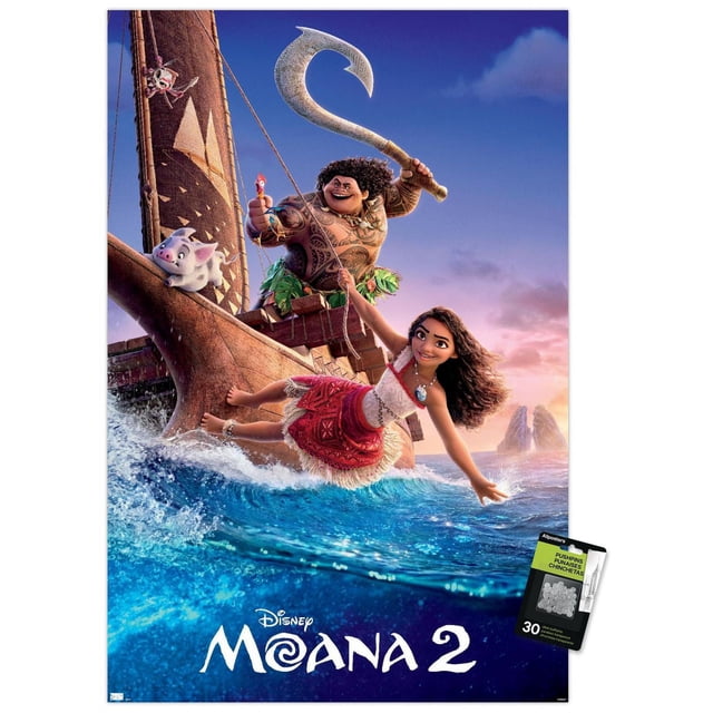 Disney Moana 2 - Affiche Murale sur une Feuille, 22,375 Pouces x 34 Pouces Encadrée, Représentant Moana Tendant au-Dessus des Vagues de l'Océan depuis un Canot à Voile Polynésien avec Maui Tenant un Grand Hameçon. l'Affiche Vibrante Mettant en Vedette le Cochon Pua à l'Arc, un Ciel au Coucher du Soleil et des Thèmes d'Aventure Océanique, Convient à la Déco Maison Ou à la Décoration de Fête.