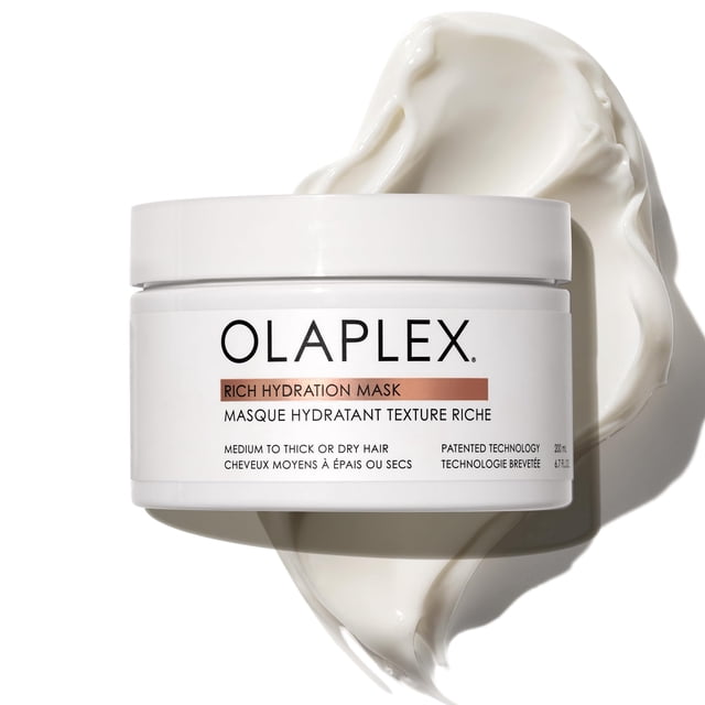 Hair Mask Olaplex Rich Hydration 200ml for Dry Hair front-facing white 200 ml jar with black screw lid and clear Olaplex logo, labeled Rich Hydration Mask 6.7 Fl. Oz.; centered on a neutral studio surface, label text notes cuticle sealing hydration mask for medium-to-coarse hair and frizz control, suitable for weekly deep-conditioning use.
