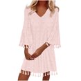 thumbnail image 2 of Ovzne Robes pour Femmes Robe d'Été Mode pour Femmes Aguichant à Col en V Manches 3/4 Unie à Franges Robes Robe de Vacances Liquidation, 2 of 6