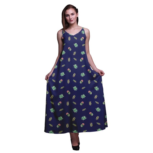 Bimba Rayon Leaves Ladies Printed Backless Spaghetti Strap Long Maxi Evening Party Dress-Small
