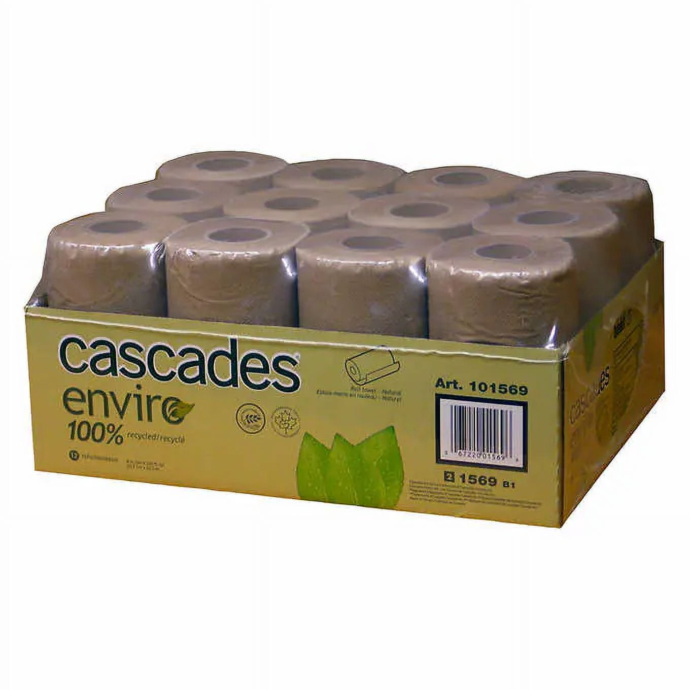 Cascades Enviro Brown Paper Towel Rolls, 12-Pack - 100% Recycled, Non-Perforated