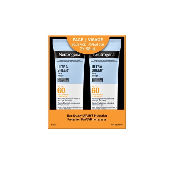 Neutrogena Ultra Sheer Face Sunscreen SPF 60, Non-greasy, Lightweight, 88 ml Twin pack