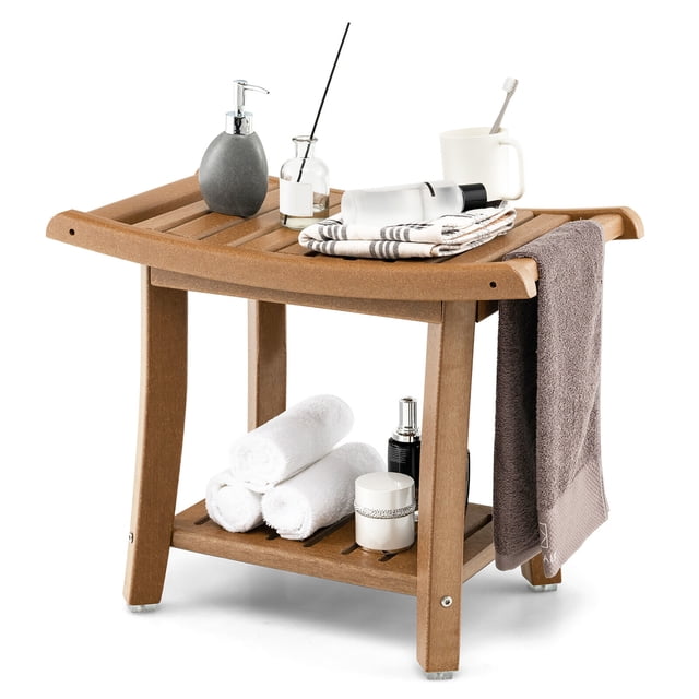 Gymax 2-tier Shower Bench Waterproof Spa Bath Shower Stool Heavy Duty w/ Shelf Brown