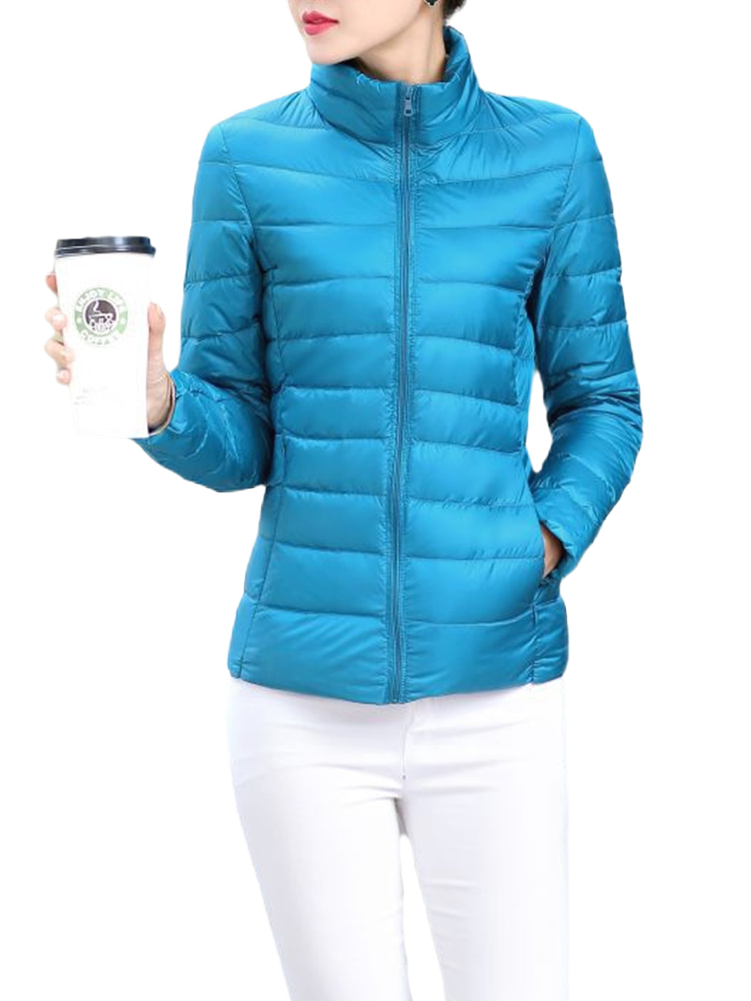 UKAP Ladies Puffer Jacket Solid Color Coat Stand Up Collar Down Jackets Packable Work Outwear Lake Blue 5XL
