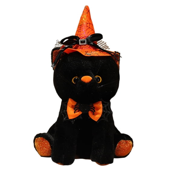 Jouet en Peluche Chat Noir Décoration d'Halloween Poupée Douce Rembourrée avec Nœud Papillon Cadeau