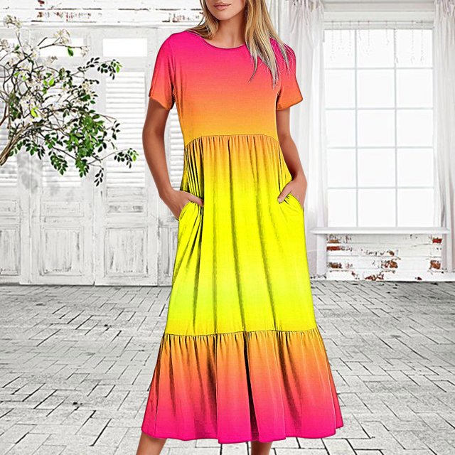 Fshaion Robe d'Été pour Femmes 2024 Grande Taille Décontractée à Manches Courtes Col Rond Robe Décontractée Fluide à Étages Maxi Robe de Plage avec Poches Imprimé Dégradé Robe en Liquidation à Moins de 10!