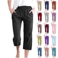 thumbnail image 1 of QATAINLAV Wide Leg Cropped Pants for Women Summer Comfy Linen Capri Pants Casual Drawstring Straight Beach Pants Solid Color Capris Trousers with Pockets Today's Deals of the Day Green S, 1 of 6