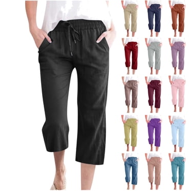 QATAINLAV Linen Casual Pants for Women Summer Wide Leg Cropped Pants Loose Drawstring Straight Capris Beach Pants 2025 Solid Color Capri Trousers with Pockets Ofertas Flash Del Dia Mujer Brown XL