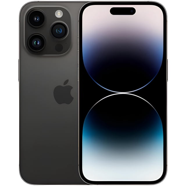 Refurbished Apple iPhone 14 Pro Max in Space Black, featuring a 6.7-inch LTPO Super Retina XDR OLED display with 120Hz refresh rate, HDR10, and Dolby Vision. Includes a 48MP triple rear camera system, 12MP front camera, and durable Ceramic Shield glass. Fully unlocked smartphone compatible with all major carriers, certified refurbished in excellent condition.