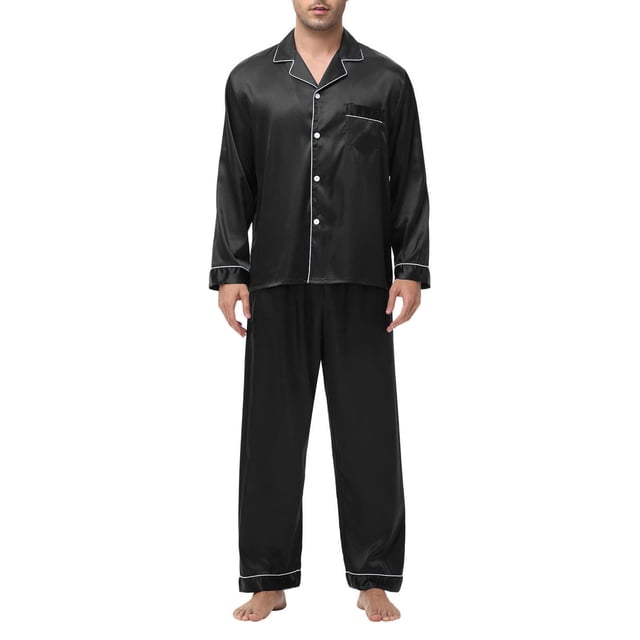 JMYHOAM Ensembles de Pyjamas pour Hommes Ensembles de Détente pour Hommes Manches Longues Col Rabattu Pyjamas Printemps Soie Soie Glacée Boutons Ensemble de Tenue d'Intérieur Vêtements de Détente