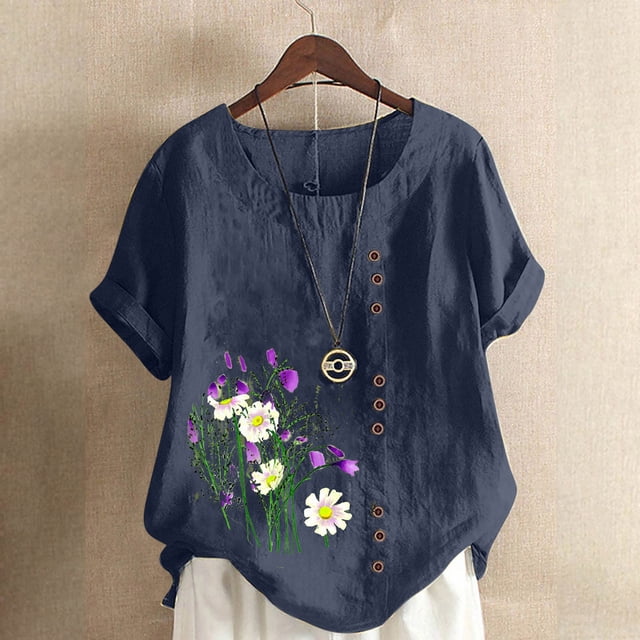 Fankiway T-Shirt Ample Décontracté d'Été pour Femme à Col Rond, Manches Courtes, Imprimé Floral, Hauts pour Femmes, Liquidation, Grande Taille, Chemises pour Femmes en Liquidation, Vêtements de Printemps pour Femmes 2024
