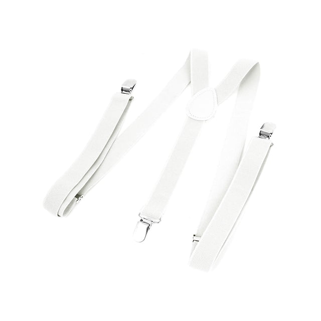 Adjustable Clip 2.4cm Wide Elastic Y Back Suspender Braces for Lady Women in a white colour. Features a Y-shape back with a faux leather tab centering design, soft nylon and spandex material, and adjustable length. Includes metal clasps for secure attachment to pants, trousers, jeans, or shorts.