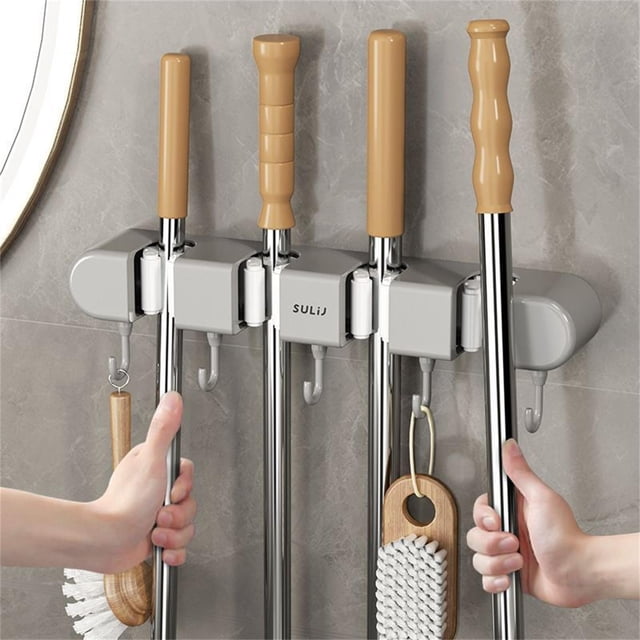 Multifunctional Mop Holder 1PC,Wall-Mounted Storage RackAdhesive Tool Organizer for Brooms and Floor Mops, Space-Saving Bathroom and Kitchen Solution(Grey)