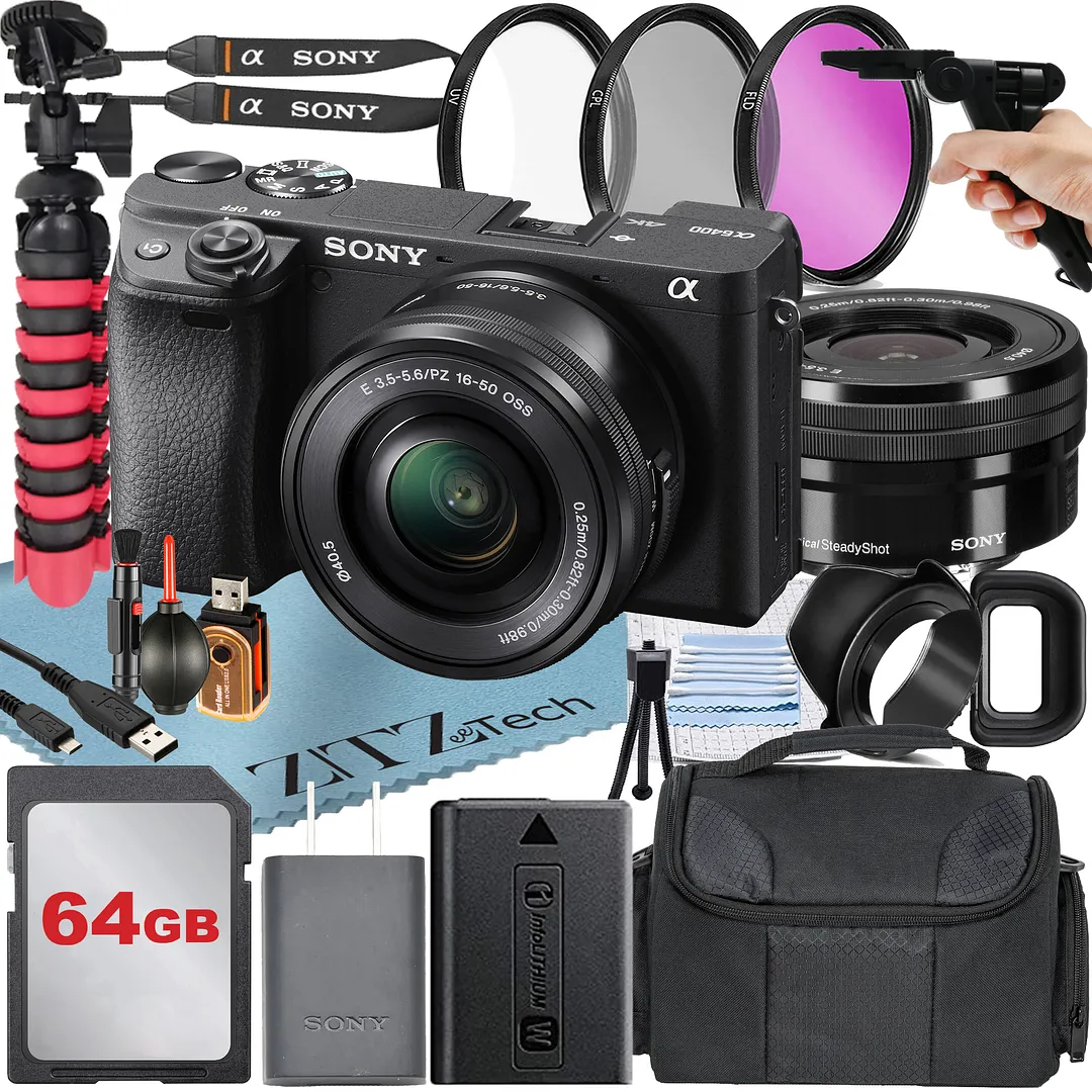 Sony Alpha a6400 Mirrorless Digital Camera with 16-50mm Lens + 64GB Card + Tripod + ZeeTech Accessory Bundle