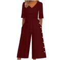 thumbnail image 1 of Yuyuzo Womens Wide Leg Jumpsuits Short Sleeve V Neck Casual Loose Comfy Button Split Rompers with Pockets, 1 of 6