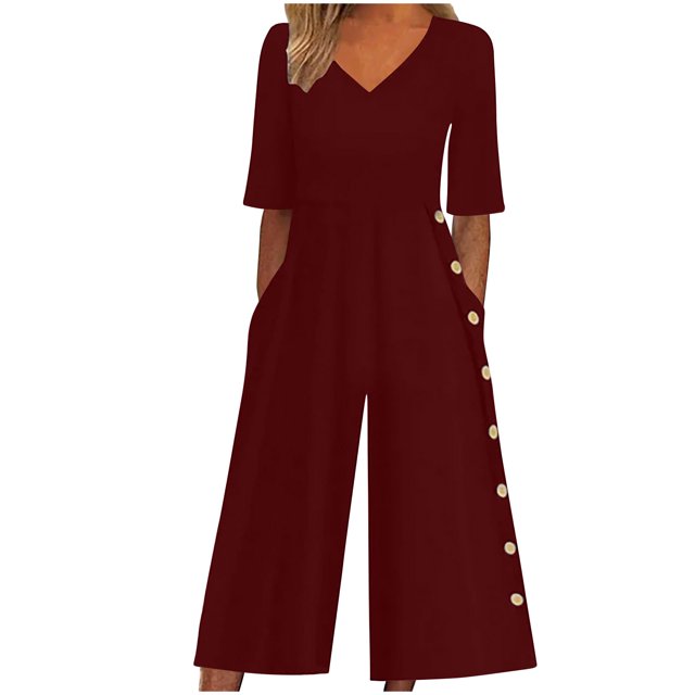 Yuyuzo Womens Wide Leg Jumpsuits Short Sleeve V Neck Casual Loose Comfy Button Split Rompers with Pockets