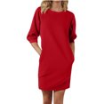 thumbnail image 1 of cfhntfmh Robes Décontractées pour Femmes Robe Chandail en Molleton Confortable à Col Rond Ample à Manches 3/4 Mini avec Poches, 1 of 6