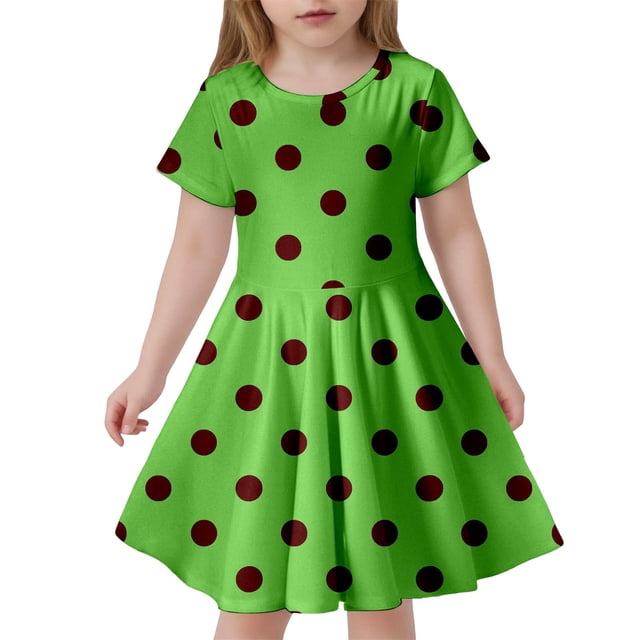 Robes pour Filles Enfant Filles Été Imprimé à Pois Ajusté Doux Respirant à Manches Courtes Robe Décontractée Robe pour Tout-Petit Vert 8 Ans-9 Ans