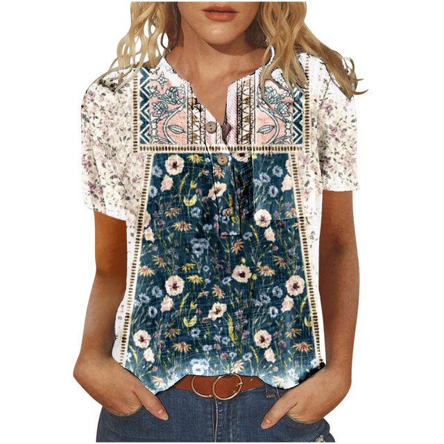 Cameland T-Shirt à Manches Courtes Décontracté d'Été pour Femmes, à Boutons, Col Rond, Chandail Blouse Hauts