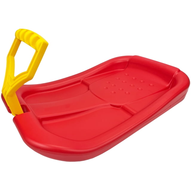 ArcticThrill Snow Sled for Kids - Snowpilot Slider with a vibrant red plastic body, raised ergonomic seat, and yellow adjustable handle. This single-rider winter sleigh has a smooth bottom for excellent glide and control on snowy terrain, designed for toddlers and kids with a weight capacity of 50 kg. Made from durable materials, it withstands temperatures as low as -28°C.