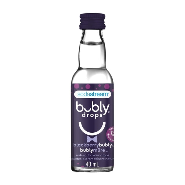 SodaStream bubly drops Blackberry natural flavour drops in a 40 mL clear glass bottle with a dark purple label and cap, designed to flavour sparkling water with no calories or sweeteners, making about 12L of bubly sparkling water; also suitable for adding a fruity twist to plain water.
