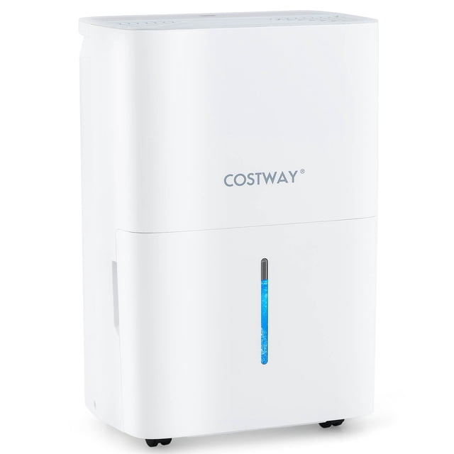 Costway 65 Pints Energy Star Dehumidifier with 2 modes and 3 fan speeds, shown in a sleek white design with a visible water level indicator on the front. Ideal for spaces up to 5000 sq. ft, it features a 24-hour timer, touch panel with LED display, and two drainage options: manual and continuous. Equipped with a 1.4-gallon water tank, child lock, auto defrost, and whisper-quiet operation at 43 dB. Includes four caster wheels and side handles for easy mobility.