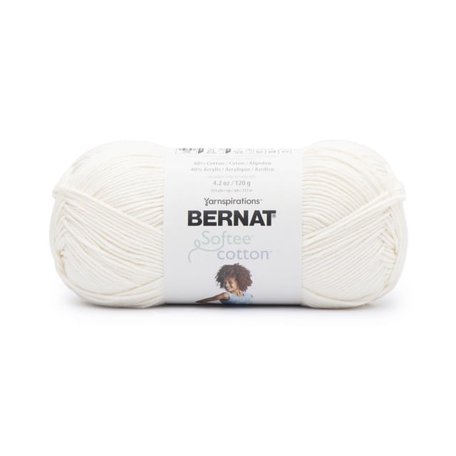 Bernat® Softee® Cotton™ Yarn, Cotton Blend #3 Light, 4.2oz/120g, 254 Yards, white cotton-acrylic yarn skein with label showing brand and product details, suitable for lightweight knitting and crochet projects, machine washable with soft texture.